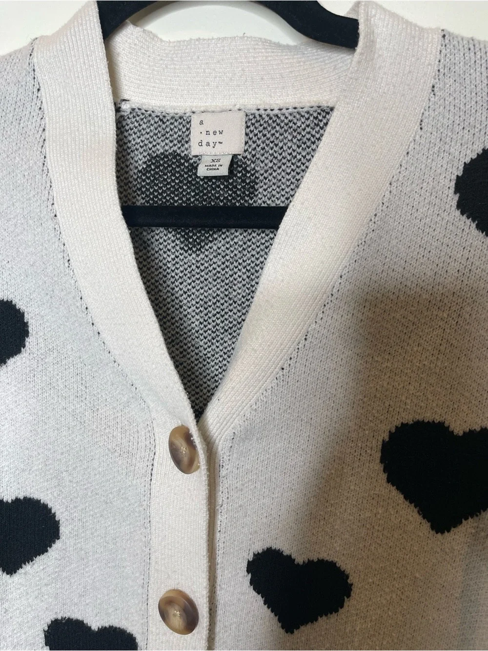 A New Day Black White Heart Button Cardigan Sweater XS
